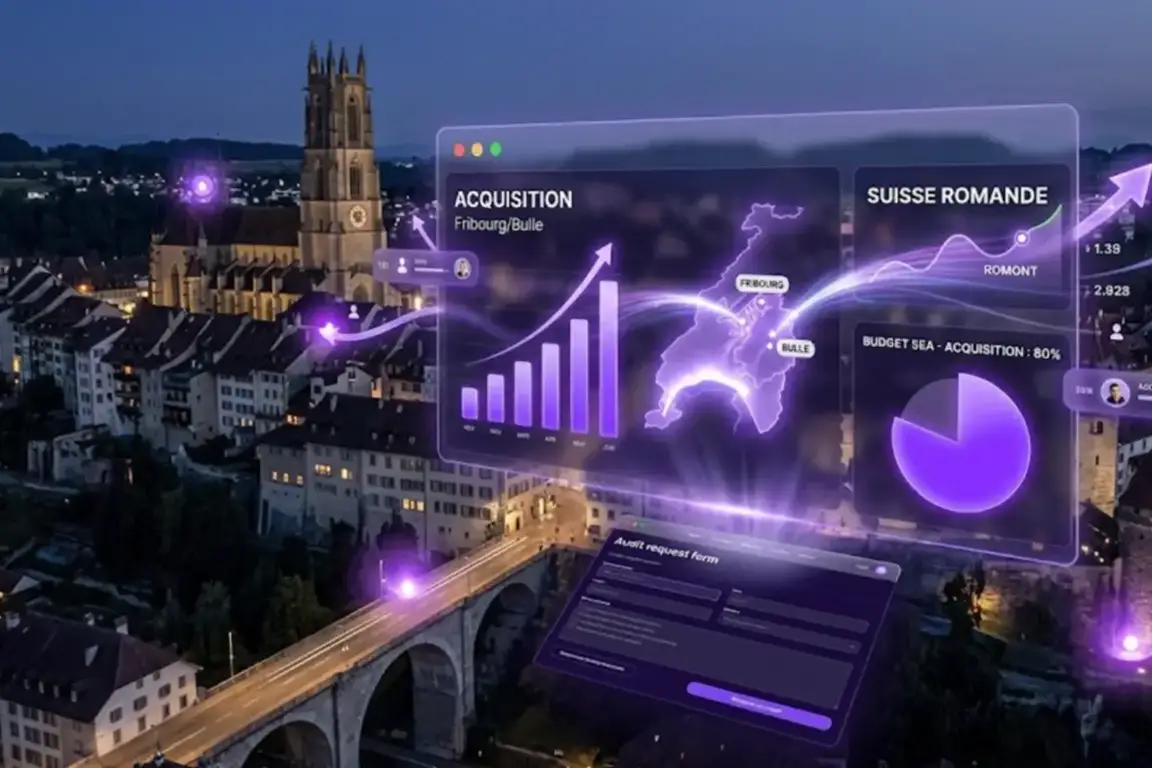 Native Media, agence web Fribourg | Stratégie de site web rentable SEA & SEO : vue fictive de la ville et tableau de données d'acquisition en Suisse romande