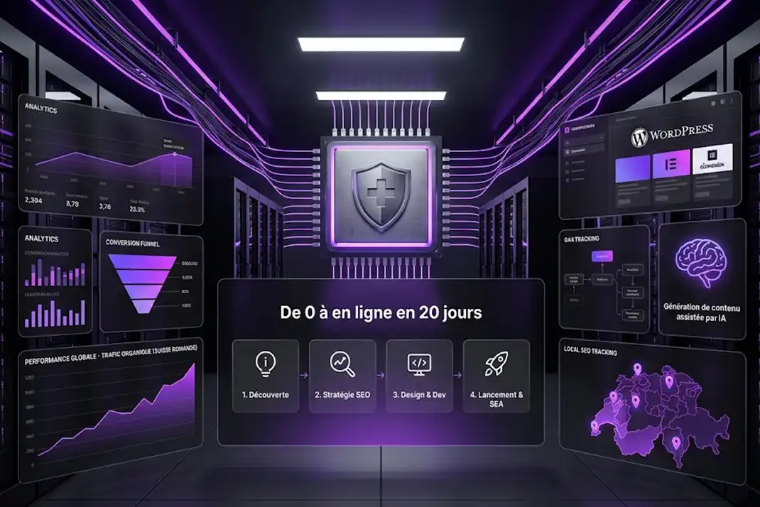 Tableau de bord de performance marketing affichant une croissance des leads et du ROI pour un client de Native Media, agence SEO et Google Ads à Fribourg.