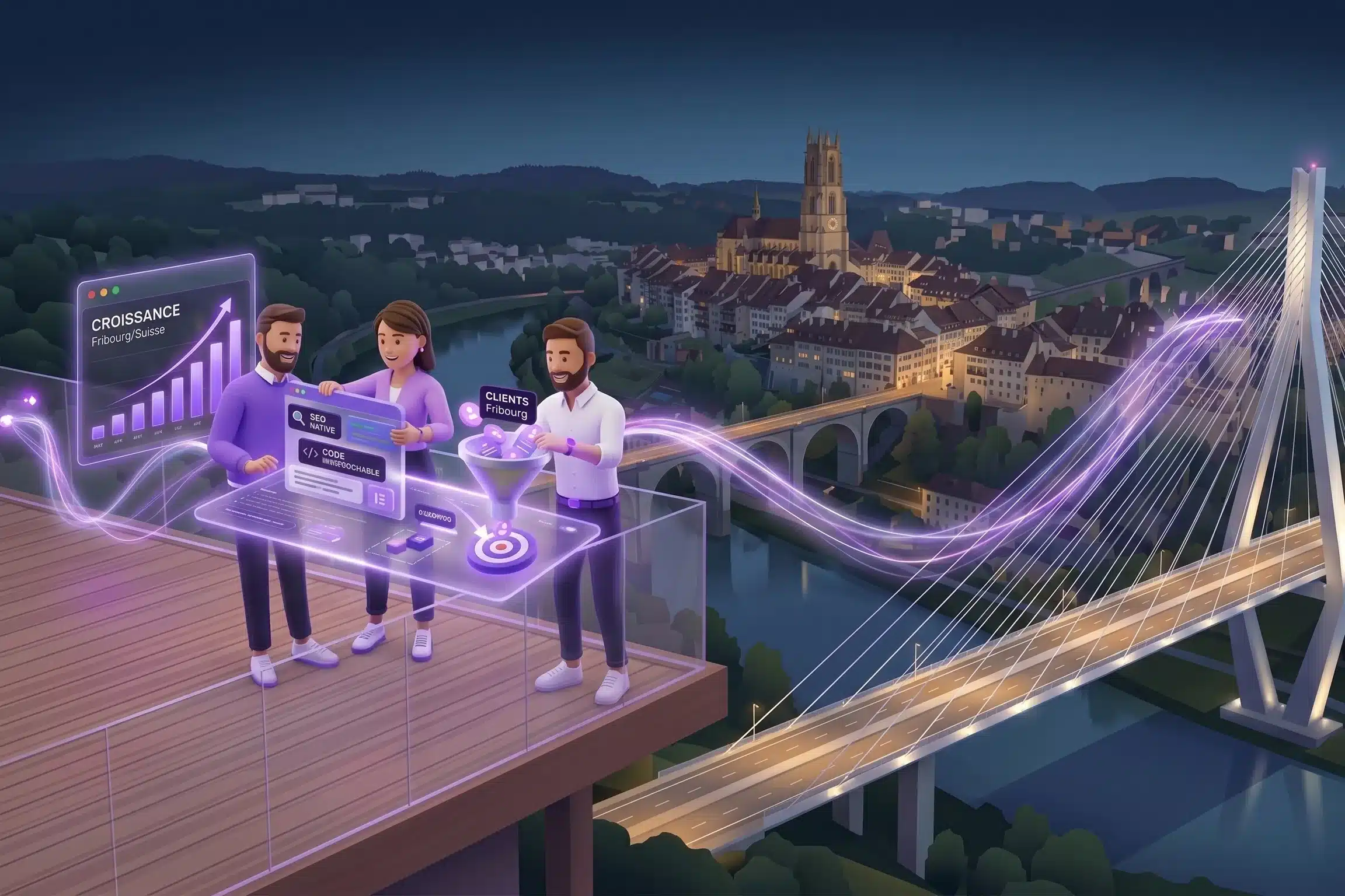 Illustration de l'équipe d'une agence digitale à Fribourg collaborant devant la cathédrale et le pont de la Poya, symbolisant la performance et le ROI en Suisse romande.