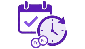 Icône violette composée d'un calendrier coché, d'une horloge avec une flèche rotative et de pièces en francs suisses.